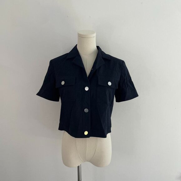 Theory Button Front Top | Navy Seersucker Crop Shirt | Womens Size 6 - Picture 1 of 5